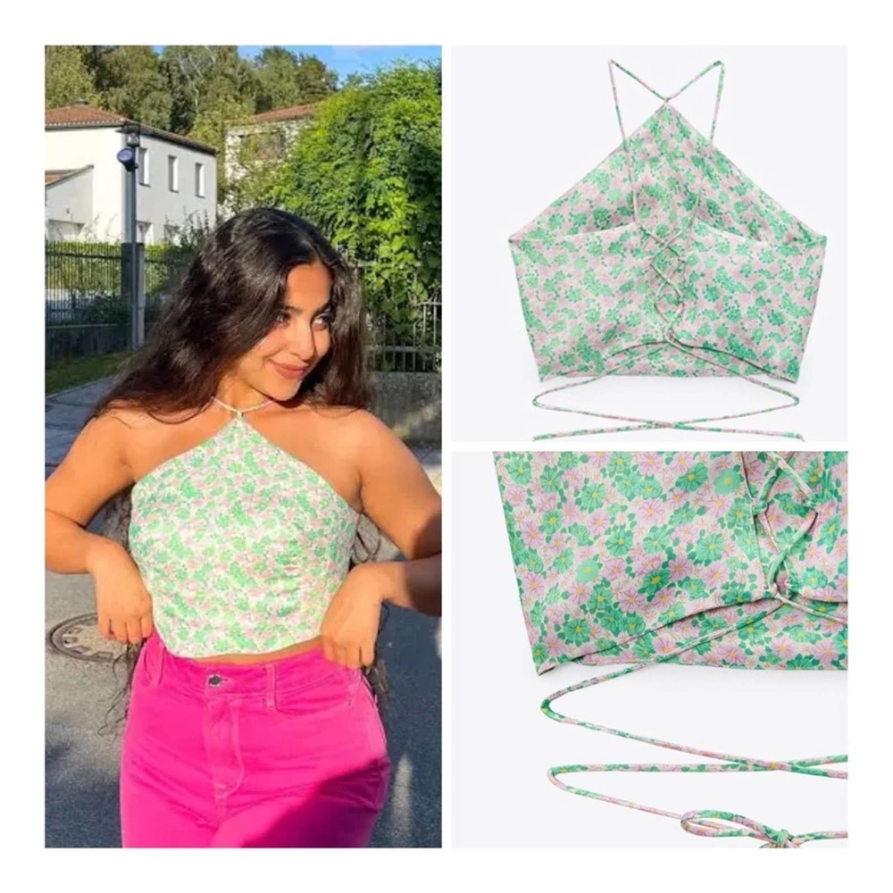 NEW Zara Satin Effect Matching Set Green Pink Floral Size S / M - Picture 3 of 11